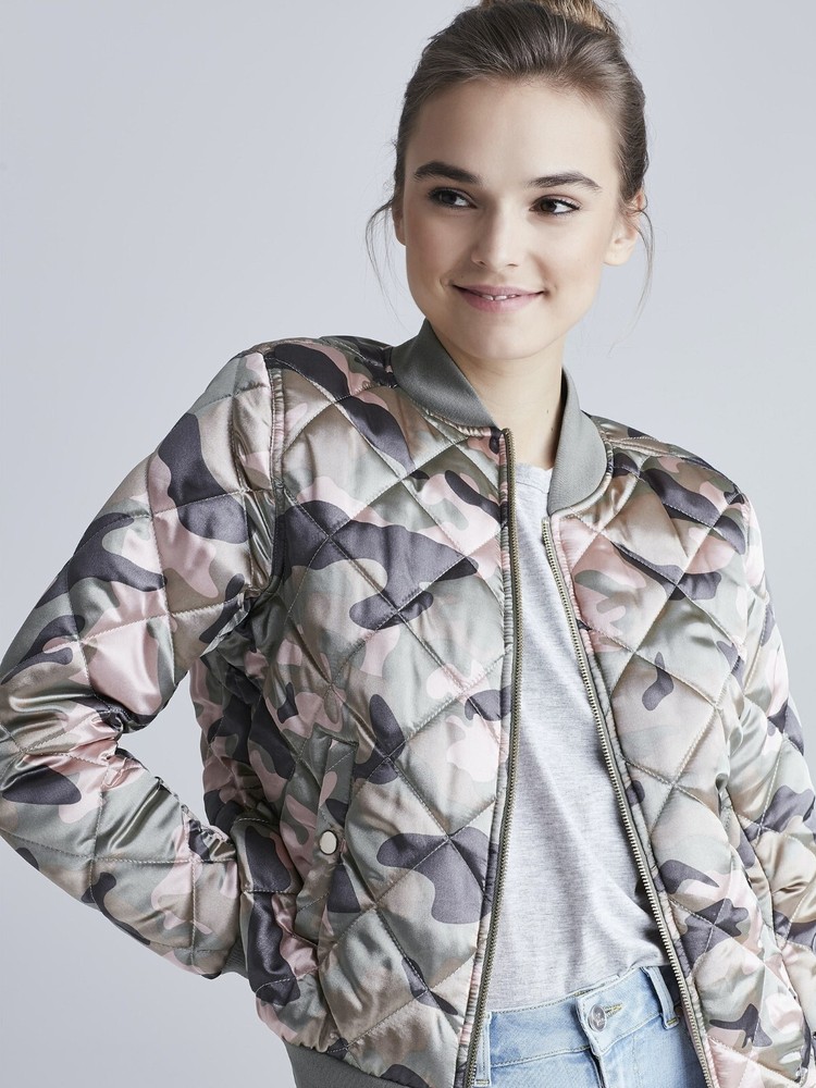 Womens Camo Bomber Jacket Metallic Padded Quilted Zip Thru BNWT Size 10 XS