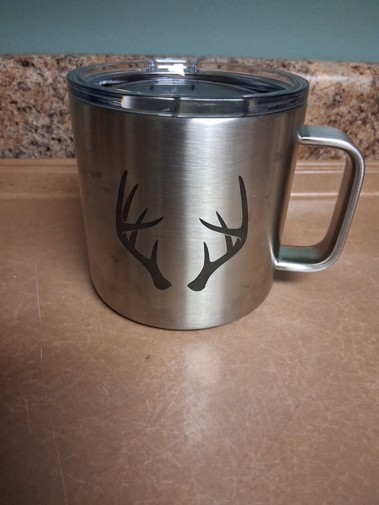 YETI STAINLESS STEEL 14 OUNCE COFFEE MUG WITH LID SILVER  W ANTLERS Pre-owned