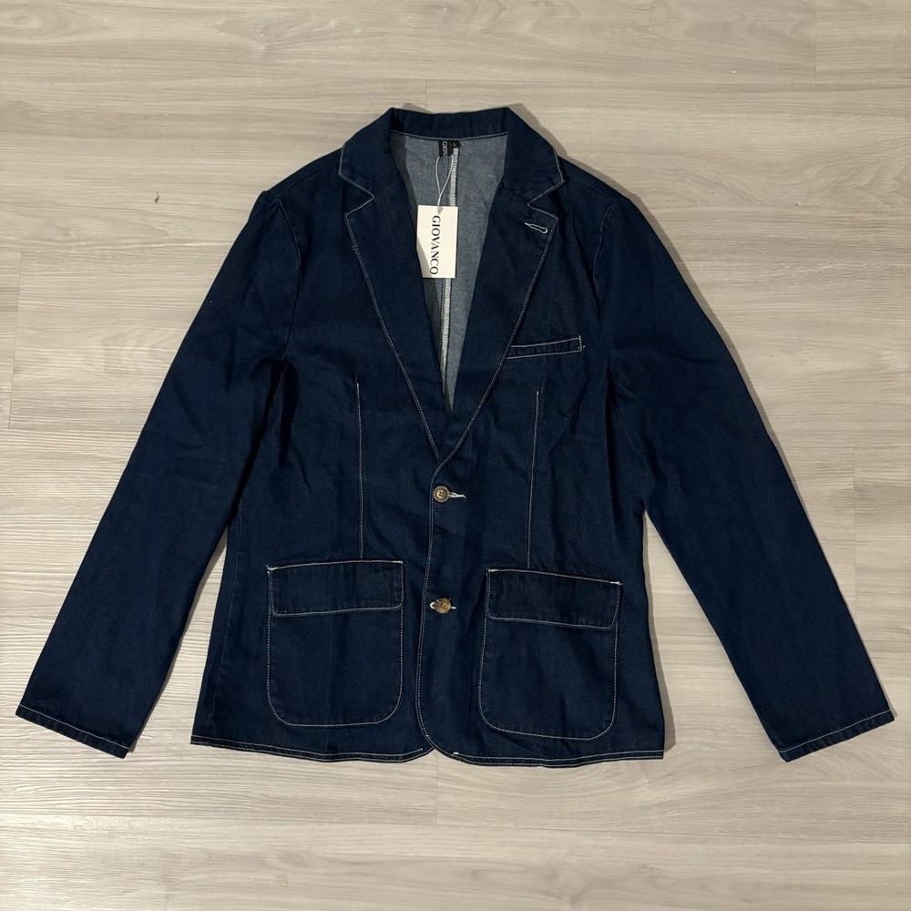 Giovanco Jacket Jeans Mens Notch Lapel Two Button Utility Pocket Denim Size L