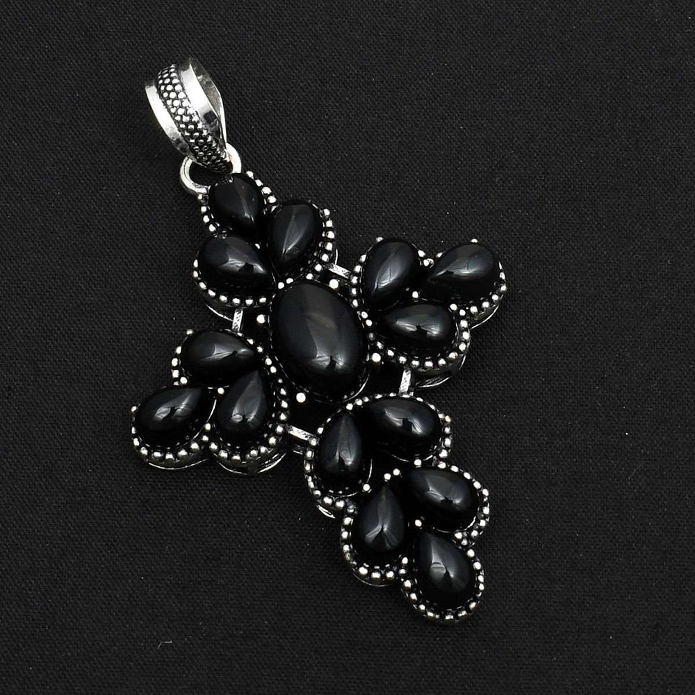 Black Onyx Gemstone Handmade Cross Pendant Jewelry Gift for Her 2.88 Inches  