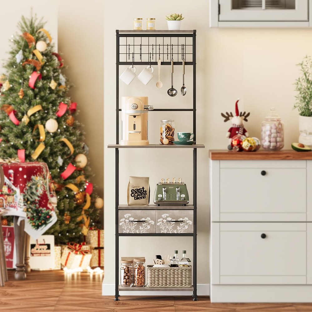 Small Coffee Bar Station Narrow Corner Baker Rack Stand with 2 Storage Fabric...