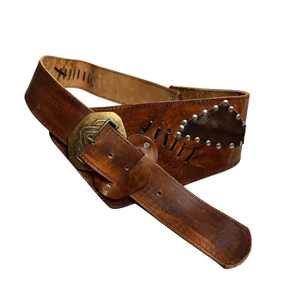 Vintage Tooled Brown Leather Crossover Belt Criss Cross Western Yellowstone