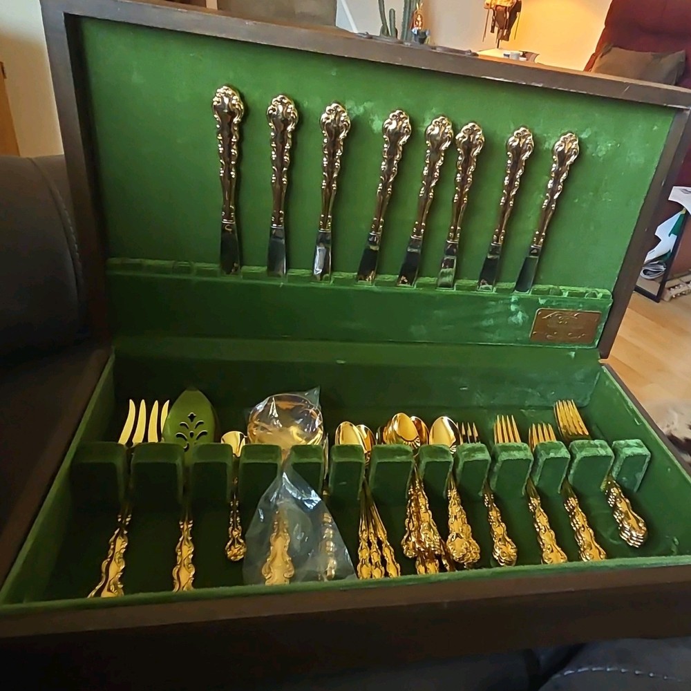 Community Gold Electroplate Flatware Set Floral Handle 52pcs Chest 12 limited ED