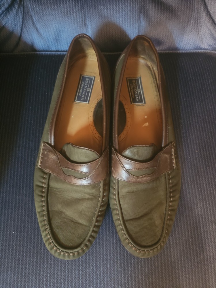 11.5 Bostonian Florentine Green Suede and Brown Leather Loafers Womens