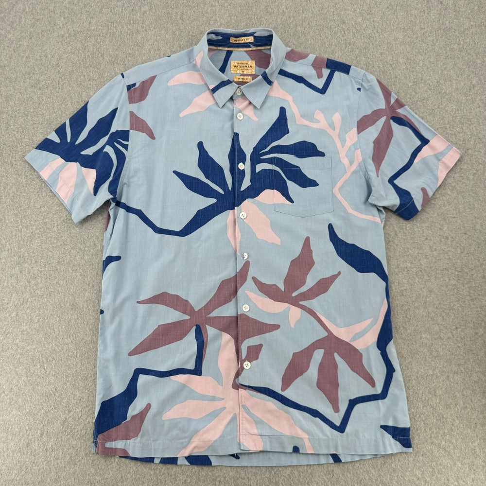 Quiksilver Waterman Shirt Mens Medium Blue Floral Print Short Sleeve Button Down