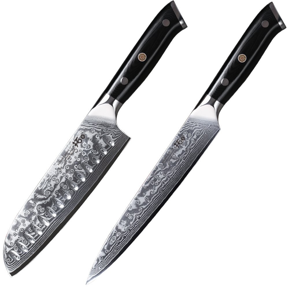 2Pcs 7in Santoku Knife +8in Slicing Knife Japanese VG10 Damascus Steel Knives