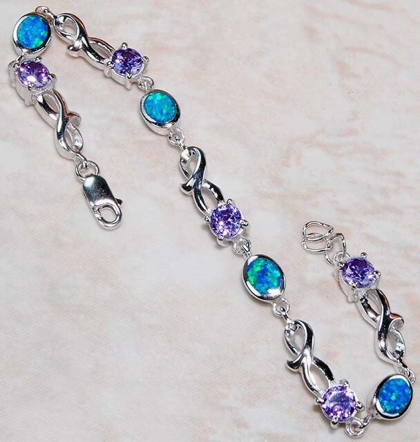 Amethyst & Australian Opal Inlay 925 Solid Sterling Silver Tennis Bracelet OX4