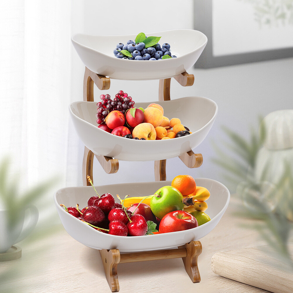 3 Tier Wooden Cake Stand with Ceramic Trays for Snacks Fruit or Desserts