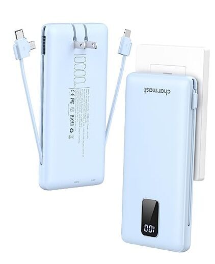 Portable Charger with Built-in Cables & Wall Plug, 10000mAh Portable Blue