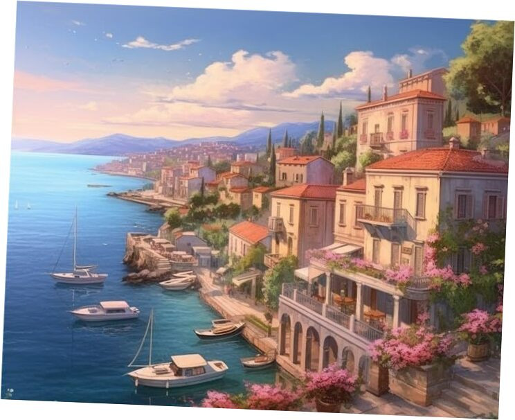 5D Diamond Art Kits for Adults Seaside Town by Number Kits, Diamond Painting