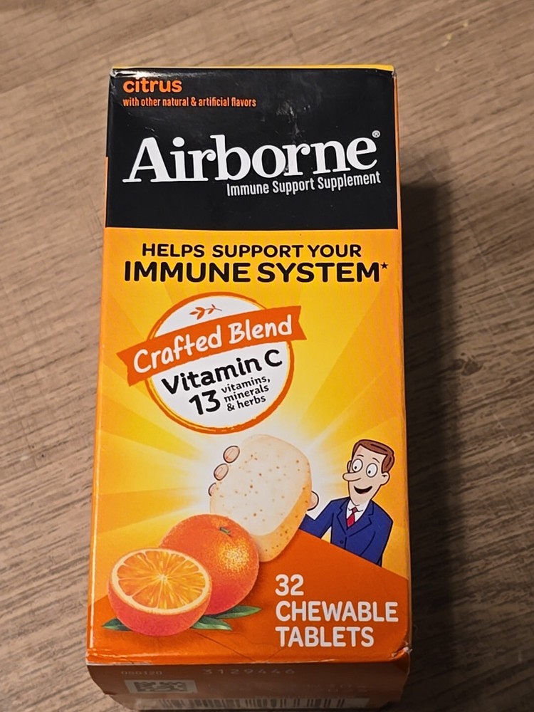 Airborne Immune Support Chewable Citrus Vitamin C Tablets 32ct Exp 08/2025