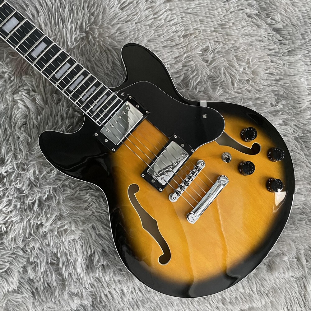 Custom 335 Electric Guitar Hollow Body Flame Maple Top H H Pickups Chrome Parts