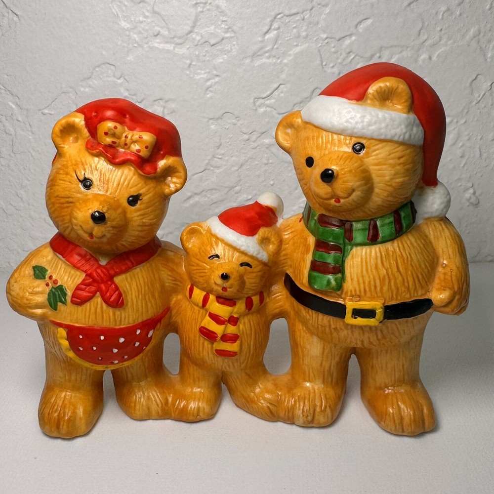 Russ Berrie & Co. Holiday Trip Vintage Porcelain Christmas Teddy Bear Family 4”