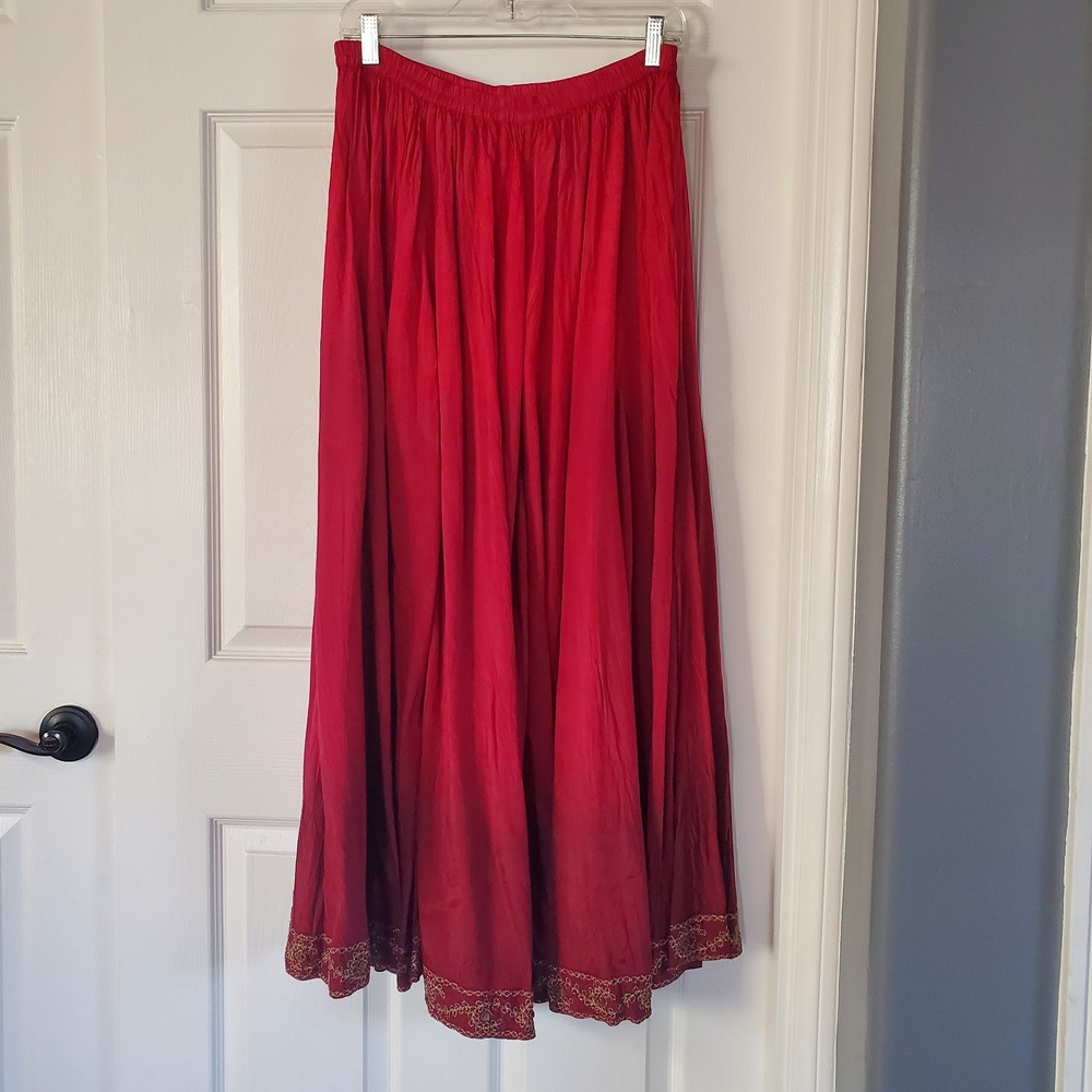 Chico's Burgundy Maxi Full Skirt Satin Gold Trim Hem Pull-on Size 2 A-line Style