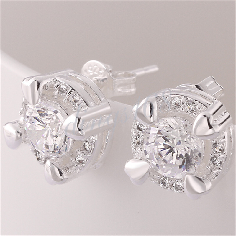 Genuine 925 Sterling Silver Tarnish-Fr?ee Heart Crystal Round Stud Earrings G873