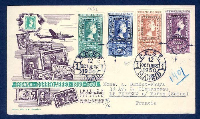 SPAIN #C127-130 1950 CENTENARY OF STAMPS FDC TO FRANCE