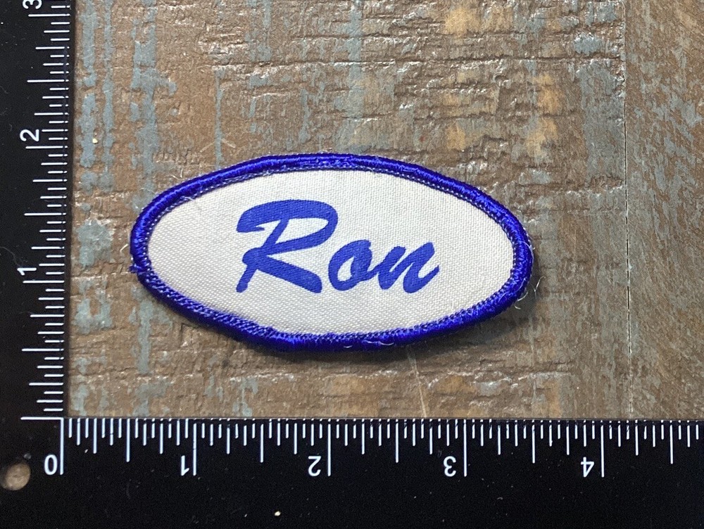 Vintage Blue Ron Work Shirt Job Uniform with Iron-On Name Tag Patch