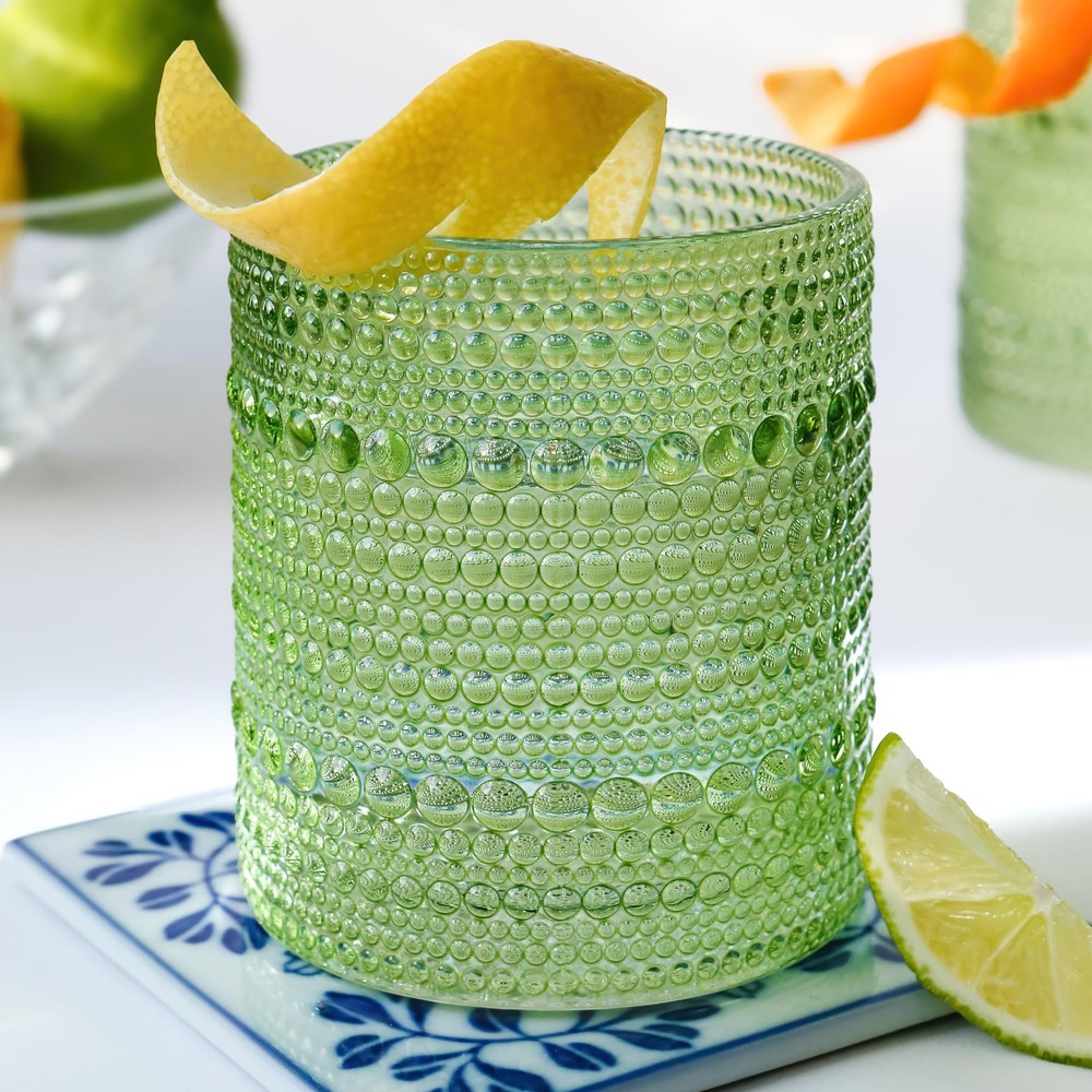 Sage Green Hobnail Beaded Drinking Glasses Set of 6-10 oz Vintage Glassware, ...