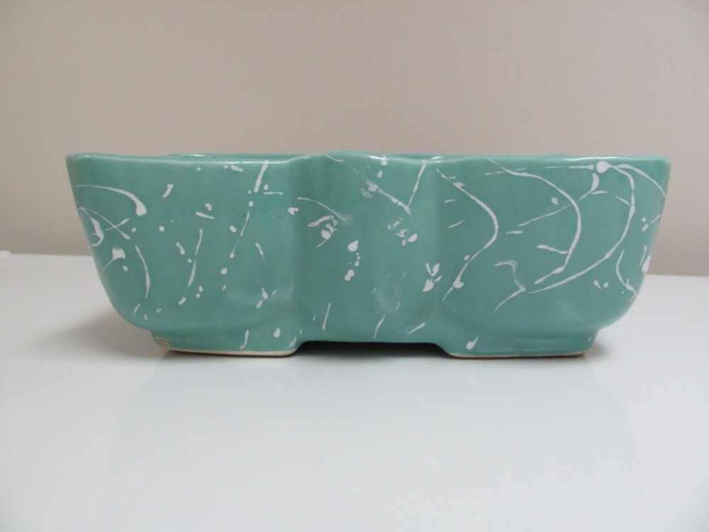 Vintage Aqua W/White Splatter Flower Pot Pottery Rectangle Planter  USA