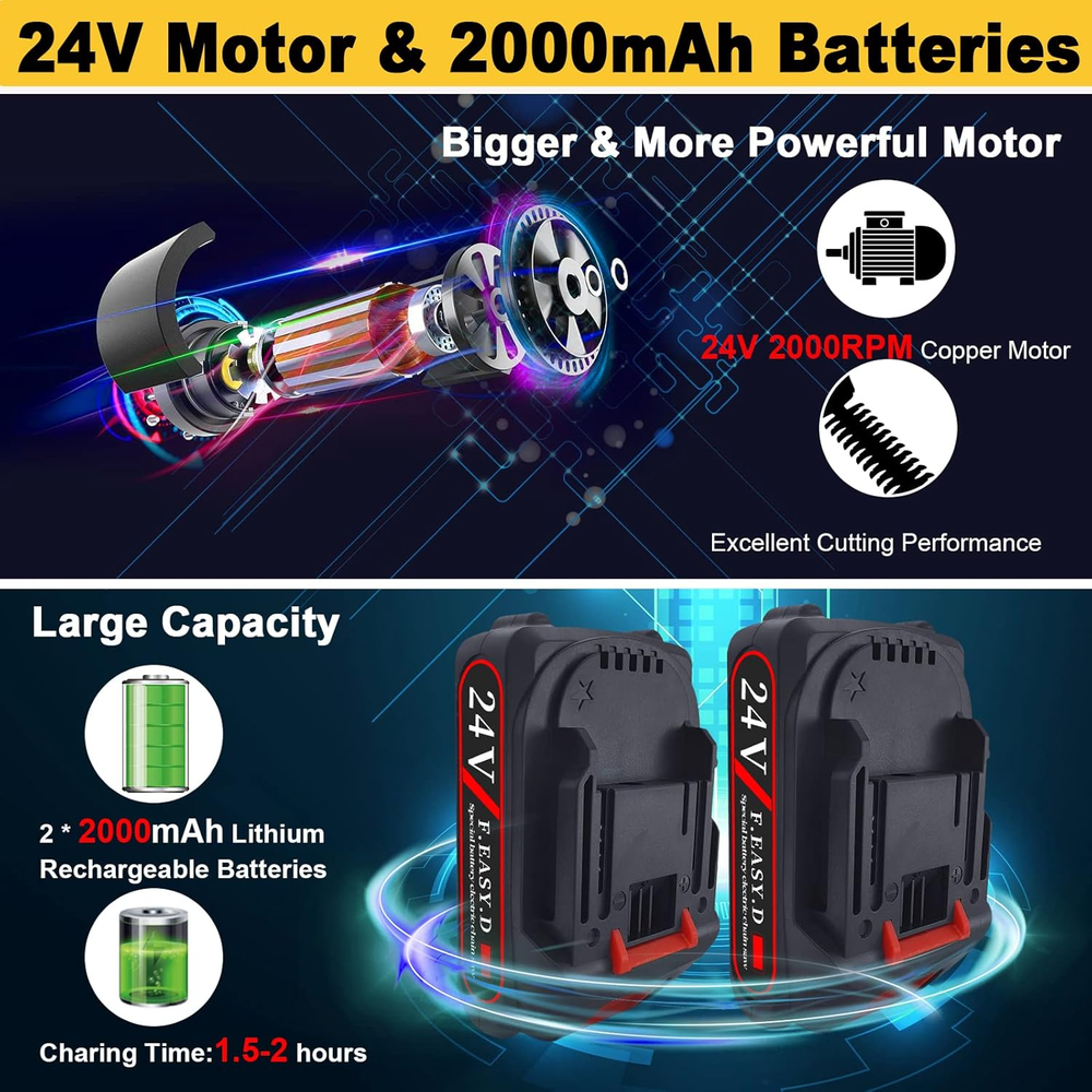 24V Cordless Hedge Trimmer and Grass Shear 2-in-1 Electric Shrub Cutter