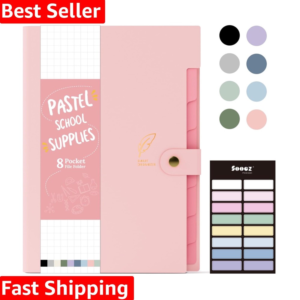 Aesthetic 8 Pocket Accordion File Organizer, Pastels Expanding File Folder fo...