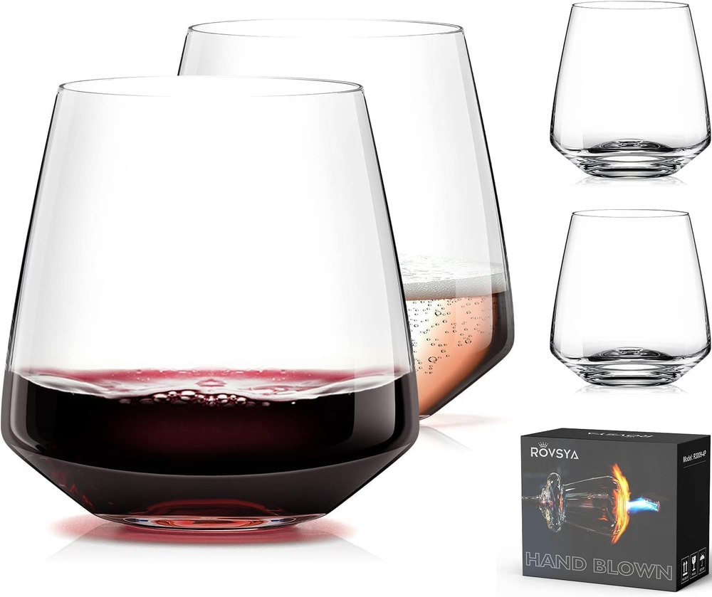 Stemless Wine Glasses Set of 4 Hand Blown 13.5Oz for Red and White Wine