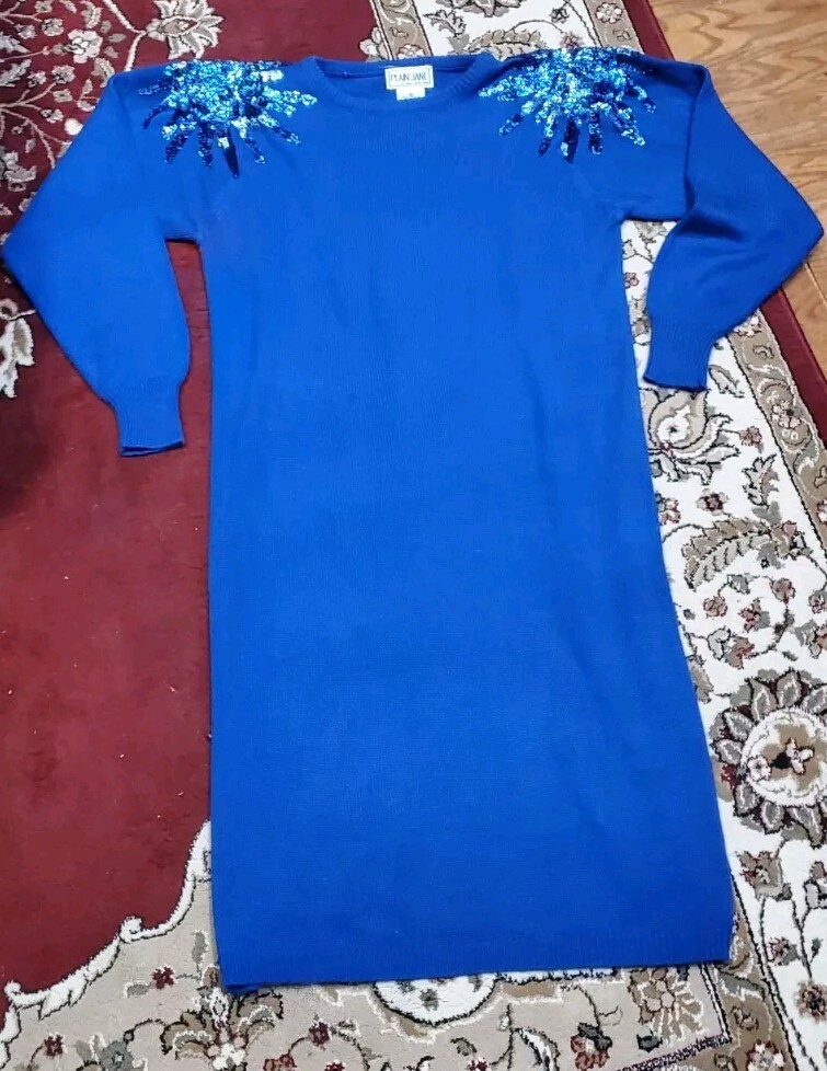 80s Vintage blue Sequin Holiday Christmas Sweater Dress Sz Medium Plain Jane