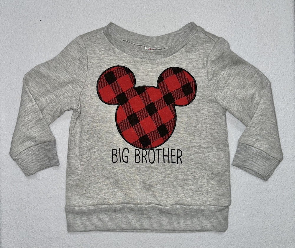 Disney Big Brother Boys Gray Sweatshirt Buffalo Plaid Mickey Mouse Size 2 NWT