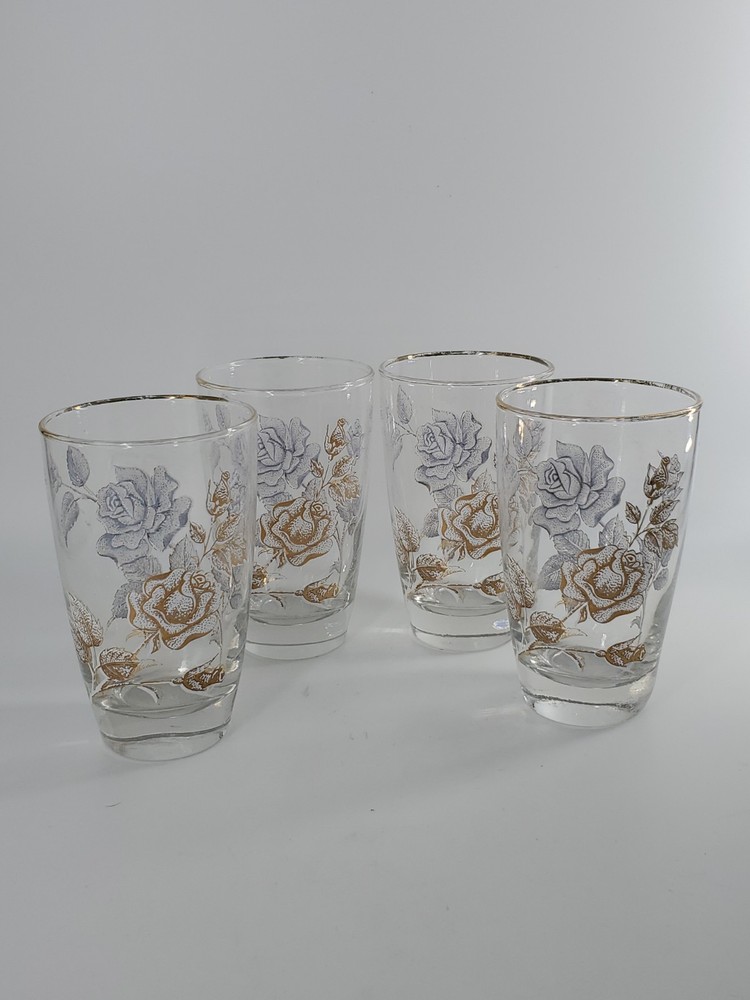 Set of 4 Vintage Libbey Rose Bouquet Tumblers, Gold Rim, 1960s, barware