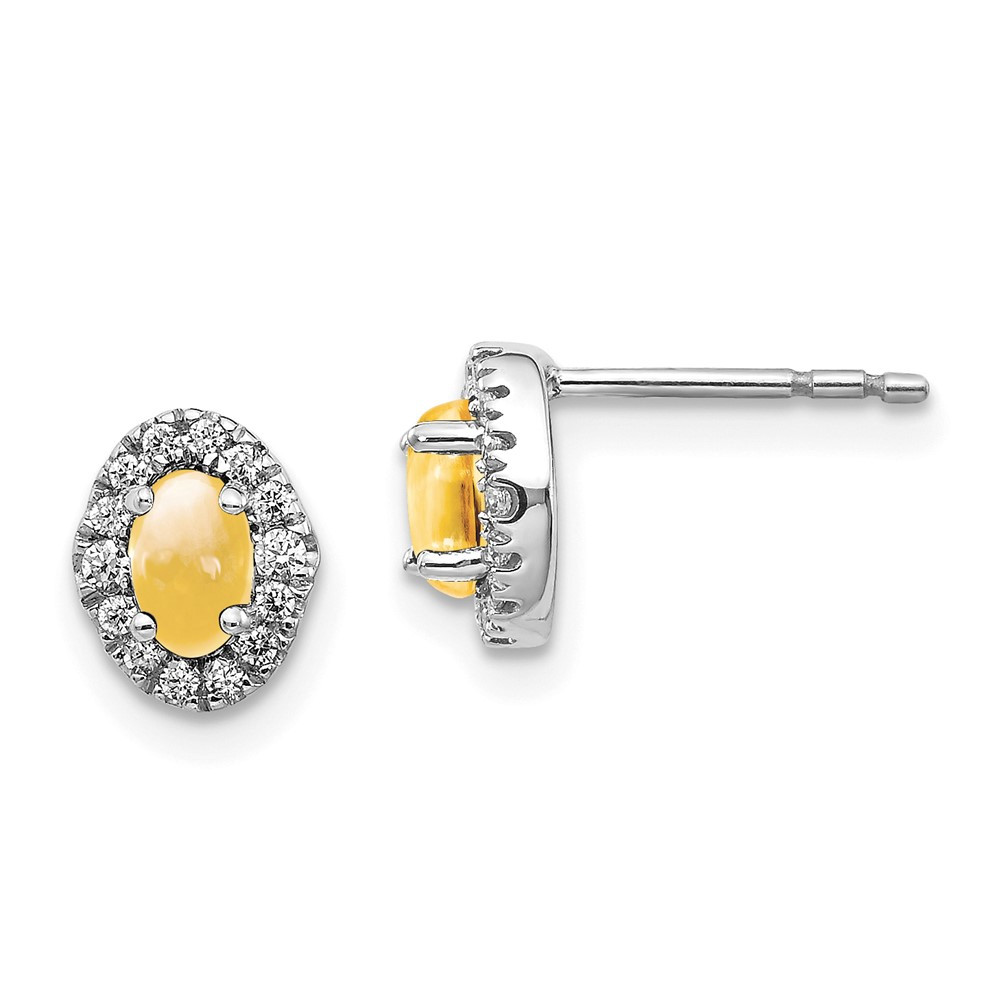 14k White Gold Diamond and Cabochon Citrine Stud Earrings 0.87gm L-8mm