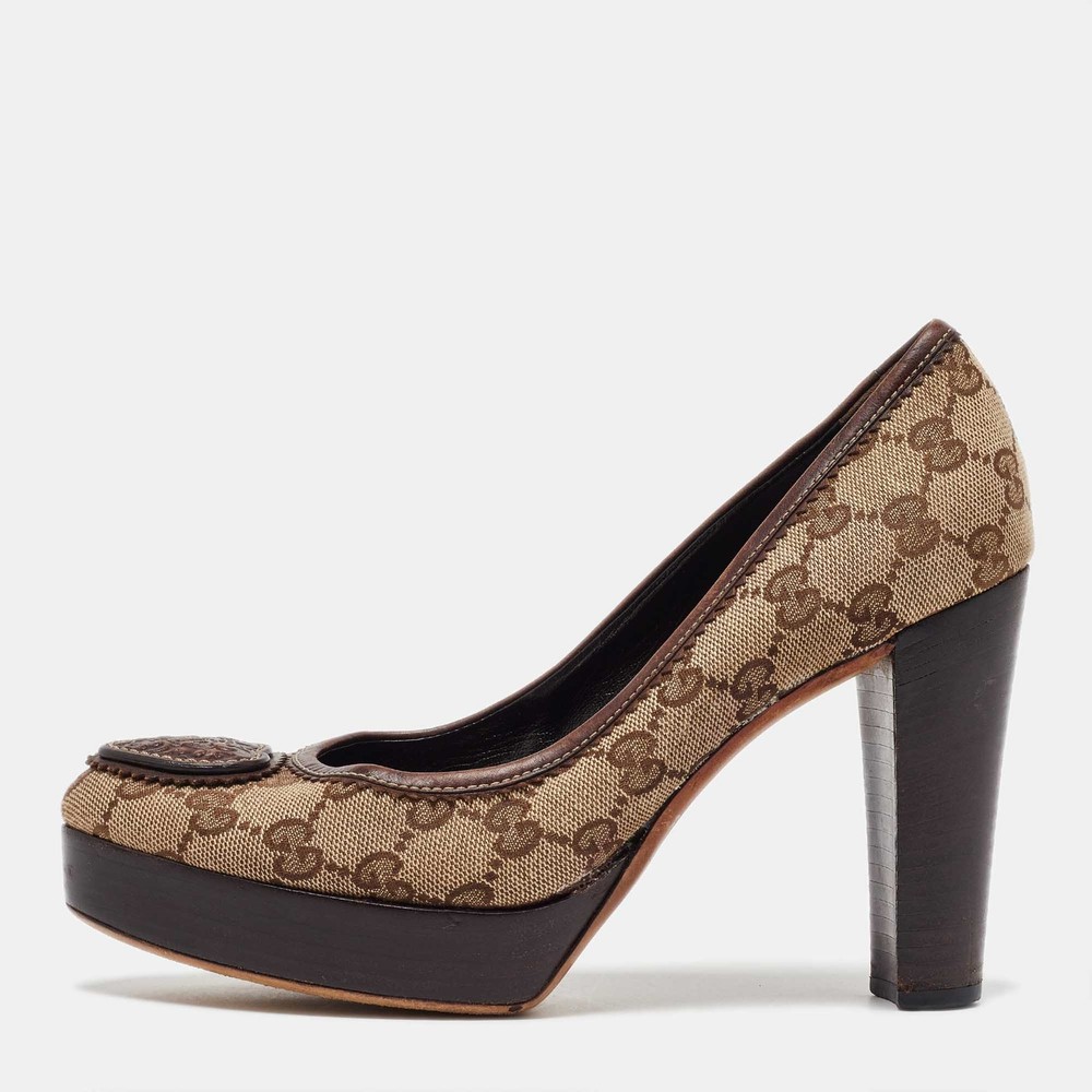 Gucci GG Canvas Leather Platform Pumps Beige Brown Size 38.5