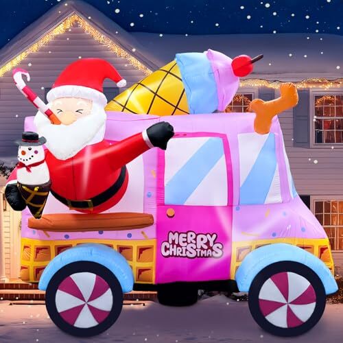 8FT Santa Ice Cream Truck Inflatable, Cute Christmas Inflatable Outdoor