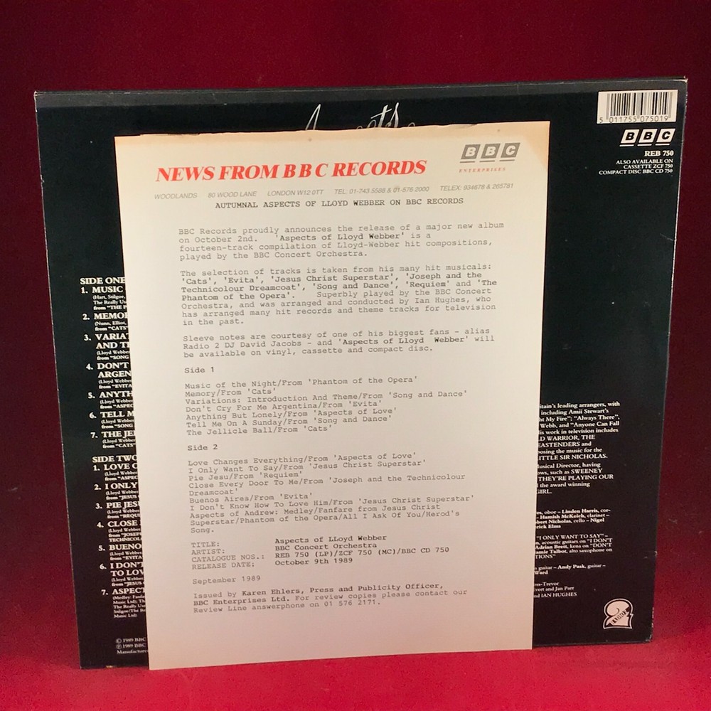 THE BBC CONCERT ORCHESTRA  Aspects Of Andrew Lloyd Webber 1989 UK vinyl LP
