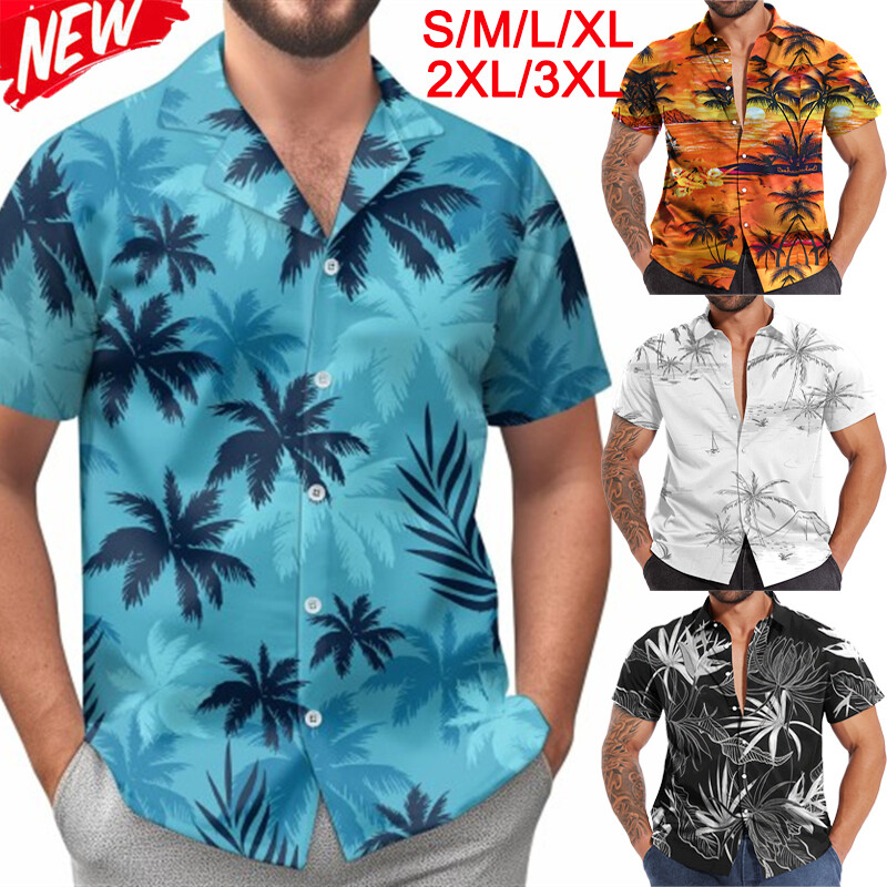 Mens Hawaiian Shirts Short Sleeve Palm Print Beach Tops Party Fancy Dress Stag