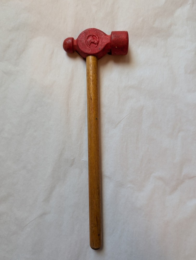Vintage Red Ball Peen Hammer with Wooden Handle 9.5 Inch Auburn Rubber Toy