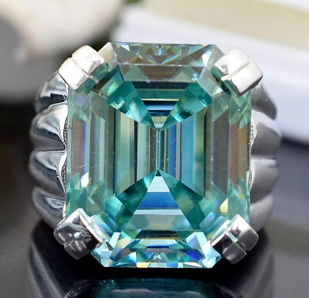 18.10Ct Treated Blue Emerald Cut Diamond Ring in 925 Silver with Certificate