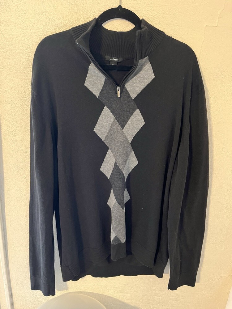 Alfani Sweater XXL Mens Gray Mock Neck Pullover Knit Argyle 1/4 Zip Long Sleeve