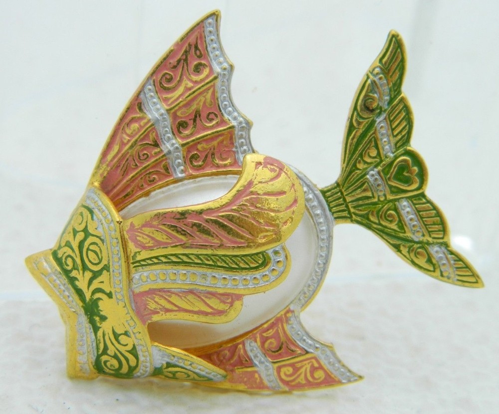 Vintage Spain Signed Pastel Damascene Pearl Jelly Belly Brooch Pin