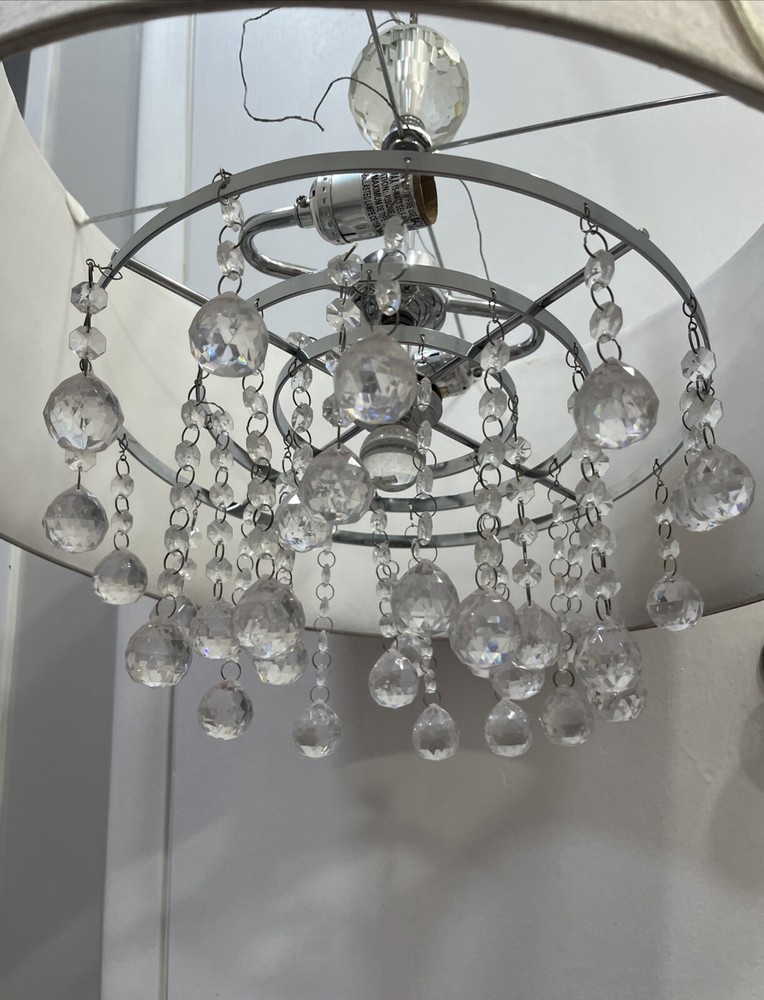 Pier 1 imports chrome light fixture with beige drum shade and dangling crystals