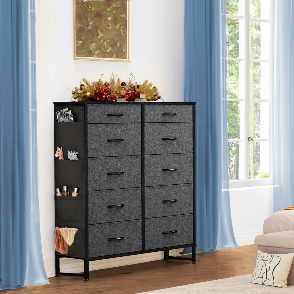 10-Drawer Fabric Dresser with 4 Side Pockets for Bedroom Storage
