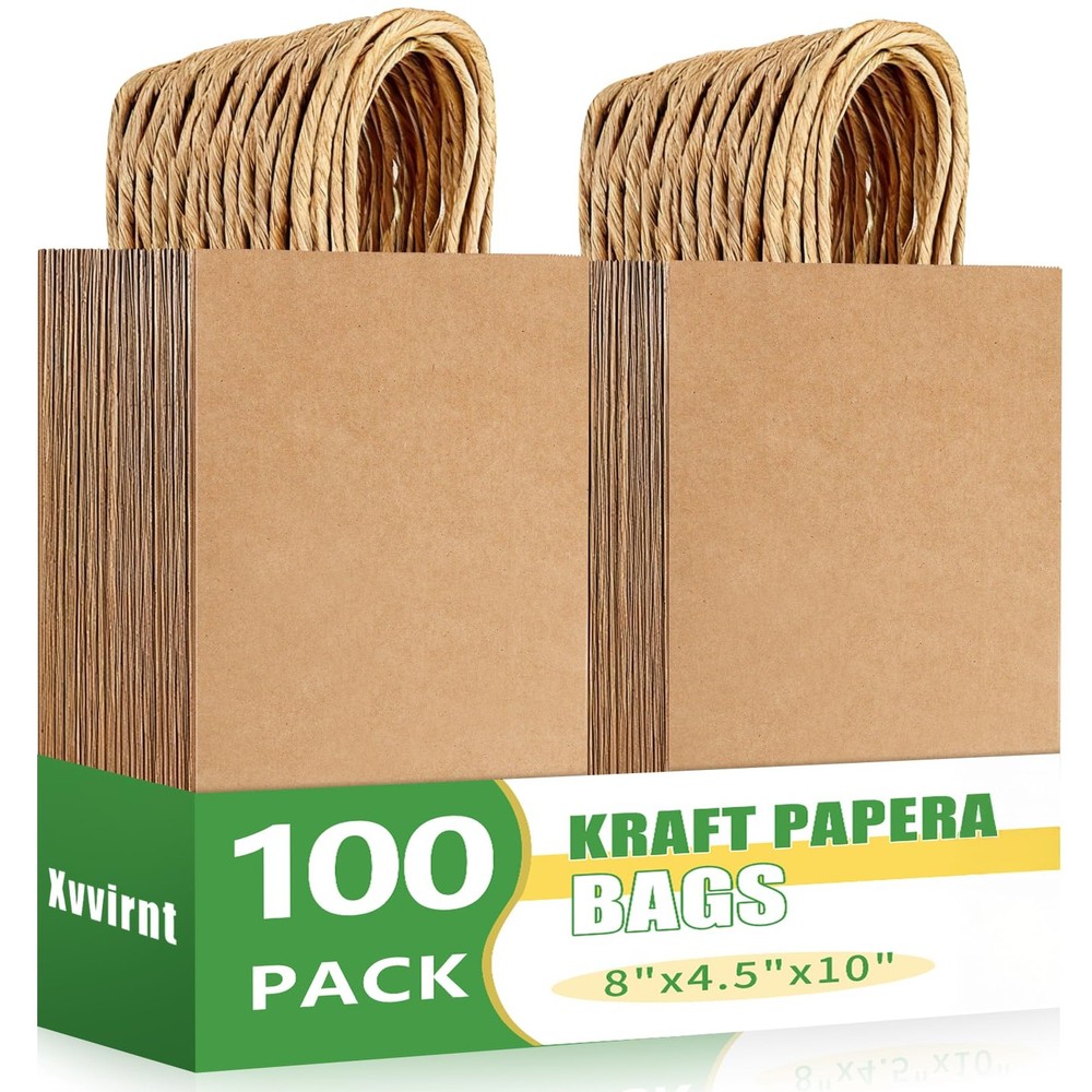 100 Pcs Brown Paper Bags, 8X4.3X10inch Gift Wrap Bag Bulk, Kraft Paper Bags w...