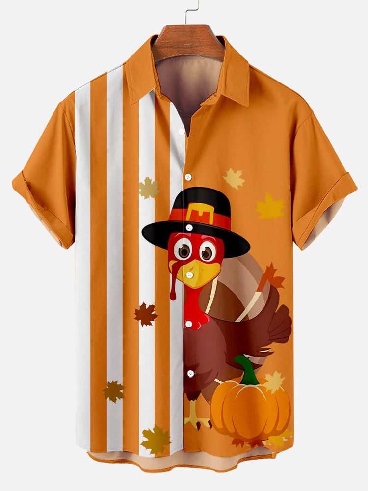 Thanksgiving Turkey Stripe Pattern Mens Short Sleeve Pumpkin Hawaiian Shirt