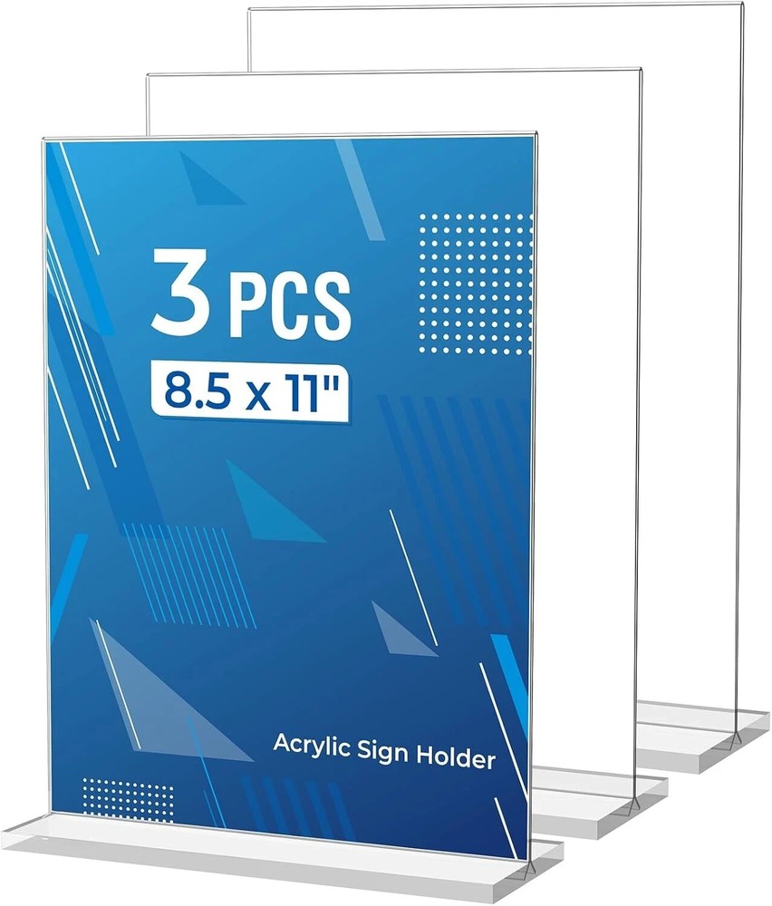 3 Pack Clear Acrylic Sign Holder for 8.5x11 Vertical Menu Displays