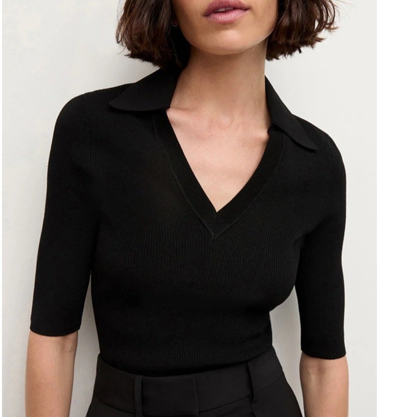 VERONICA BEARD Emily Polo Collared Shirt in Black Stretch Knit Size Medium