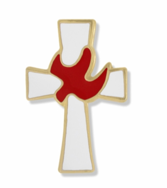 gold enameled descending dove and cross lapel pin