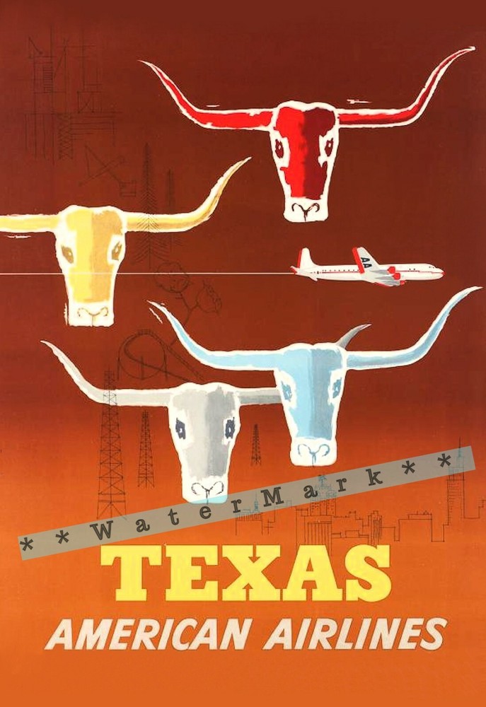 Texas Longhorns 1950 American Airline Vintage Poster Print Art Retro Western Art
