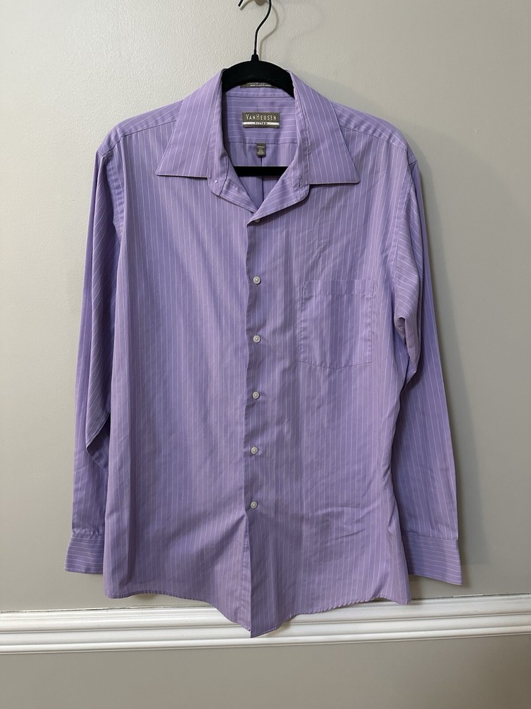 Van Heusen Mens Dress Shirt Size16.5, 34/35 Purple Microcheck Wrinkle Free Flex