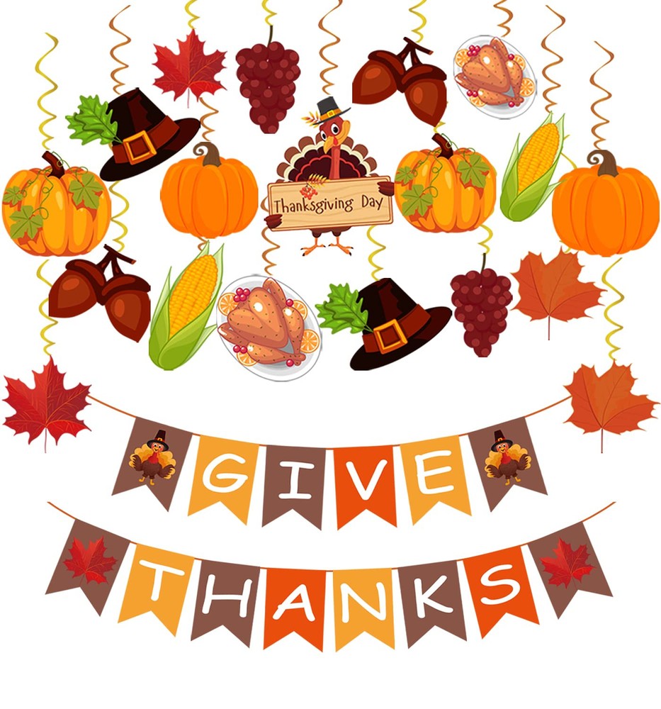 42Pcs Pre-Assembled Thanksgiving Hanging Decor Kit with GIVE THANKS Banner and Swirls