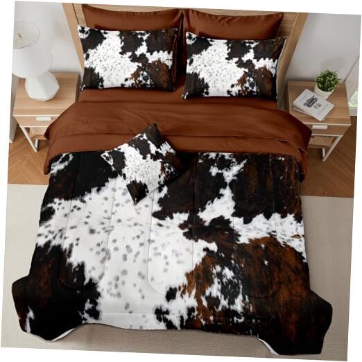 Brown Cowhide Comforter Set Queen, 8 Pieces Bed in a Bag Black White Cow Skin