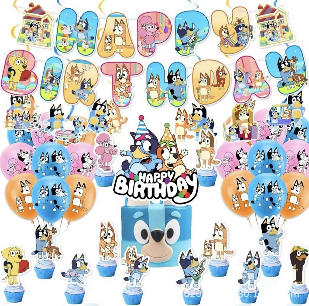 Bluey Birthday Party Supplies 39pcs with Banner Balloons Cake Toppers for Kids Party Decorations